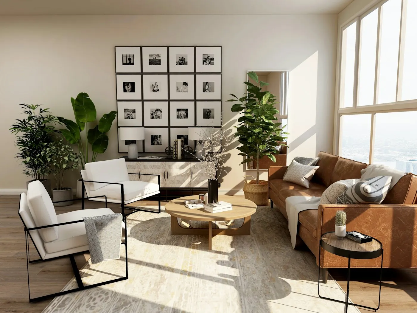 Styled living room with leather sofa, gallery wall and indoor plants